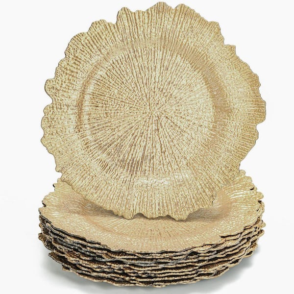 12-Piece Round Plastic Reef Plate Chargers with Flora Reef Design for Wedding, Dinner and Party, Gold