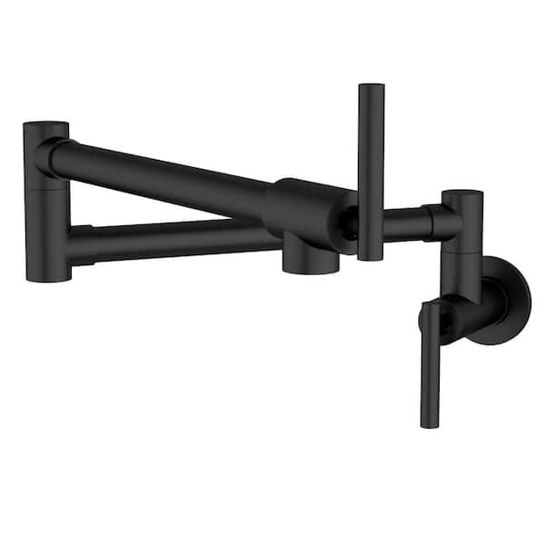 Logmey Modern Wall Mount Pot Filler Kitchen Faucet with Double Handle in Matte Black