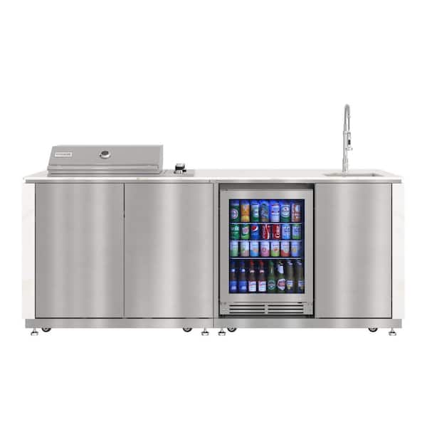 4-Burner Propane and NG Grill Island 90 in. Outdoor Kitchen, with Stone Counter and Sides, SS Cabinets and Sink in White