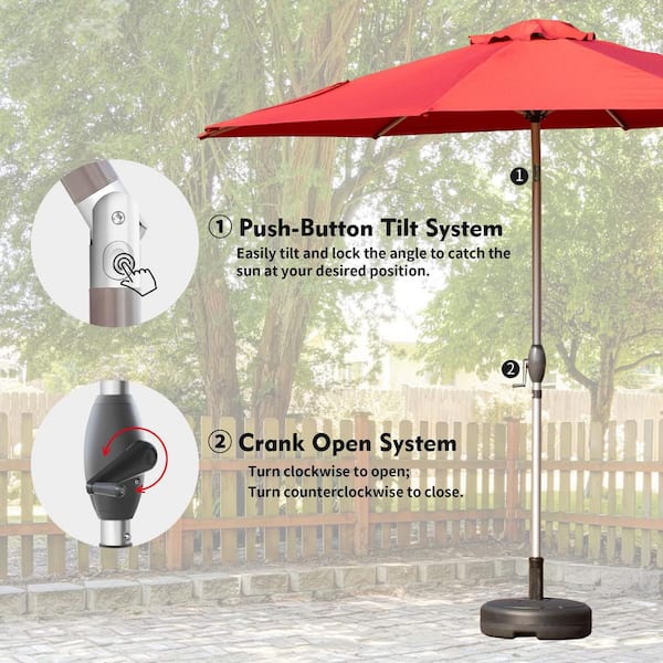 9 ft. Aluminium Outdoor Market Table Patio Umbrella with Button Tilt, Crank and 8 Sturdy Ribs for Garden in Red