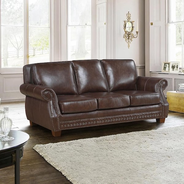 Martina 86 in. W Rolled Arm Leather Rectangle Sofa in Brown