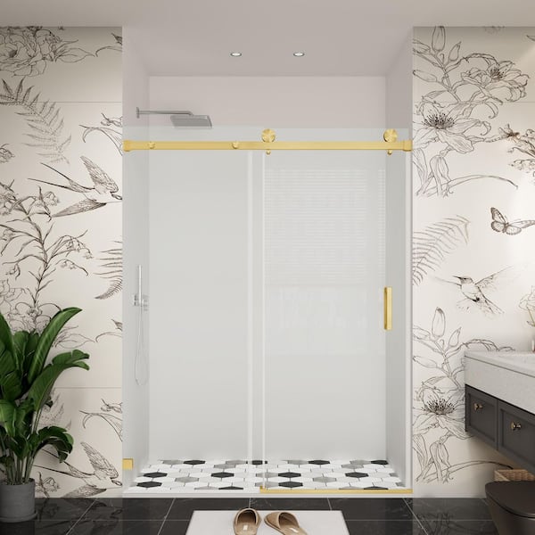 YINVANI 54 in. W x 76 in. H Single Sliding Frameless Bypass Shower Door in Brushed Gold with Easy-Clean 3/8 in. Clear Glass