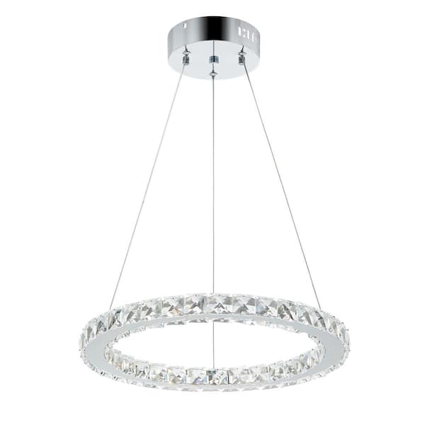 Merra 50-Watt Integrated LED Chrome Single Tier Crystal Ring Chandelier with Adjustable Stainless Steel Support