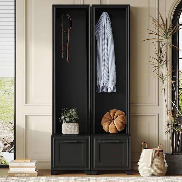 Polibi Elegant Free Standing Hall Tree Set of 2, Entryway Coat Rack with Black Retro Handles, Storage Drawers, Black