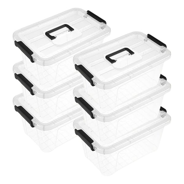 Clear 11.61 in. x 7.48 in. x 5.51 in. Plastic Storage Bins with Buckle Lids and Handle, Set of 6