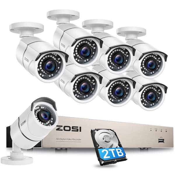 ZOSI H.265+ 8-Channel 5MP-Lite 2TB Hard Drive DVR Security Camera System with 8X 1080p Wired Bullet Cameras