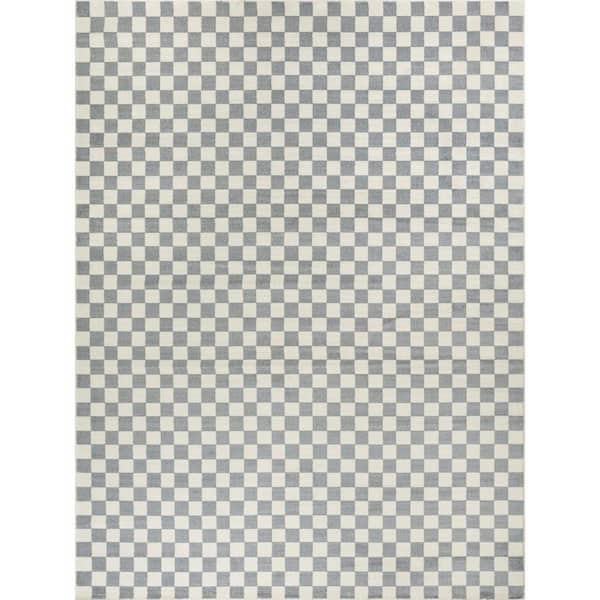Serenity Home Ivory Blue 9 ft. x 12 ft. Checker Contemporary Area Rug