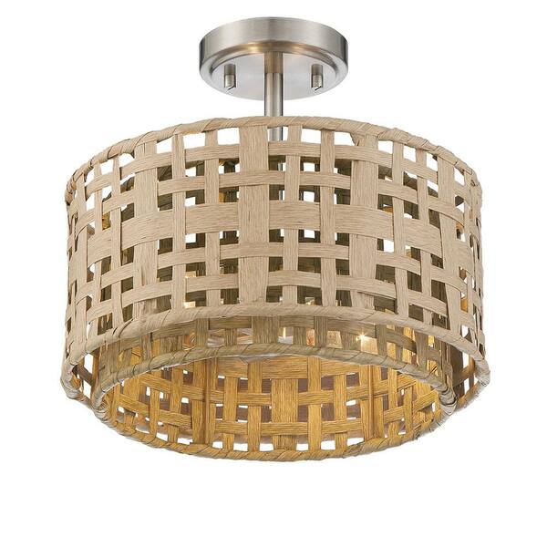 Good Lumens by Madison Avenue 2-Light Brushed Nickel Semi-Flush Mount with Weathered Grey and Natural Rattan Shade