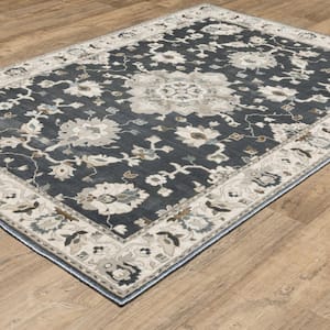 Edgewater Blue/Beige 5 ft. x 8 ft. Traditional Bordered Oriental Floral Polyester Indoor Area Rug