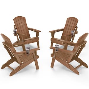Teak HDPE Outdoor Folding Plastic Adirondack Chair with Cupholder(4-Pack)