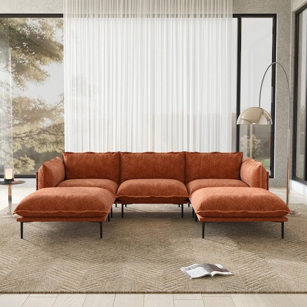 Minimalist 111 in. 5-Piece Tapered Arm Velvet Sectional Sofa, U-shaped Couch with 2 Ottomans for Living Room in. Orange