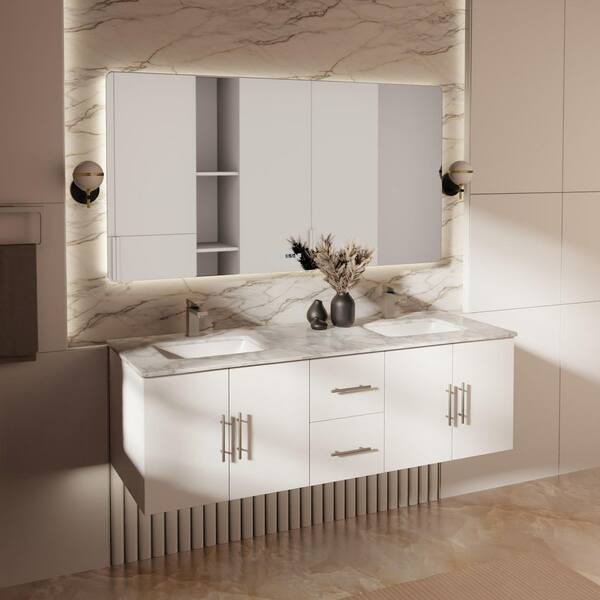 Geneva 60 in. W x 22 in. D Glossy White Double Bath Vanity without Top