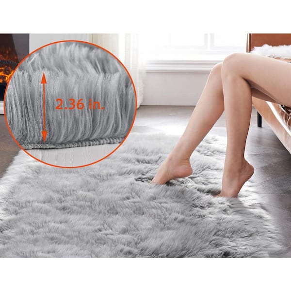 Nourideaux Gray 10 ft. x 12 ft. Large Rug Fluffy Fuzzy Furry Faux
