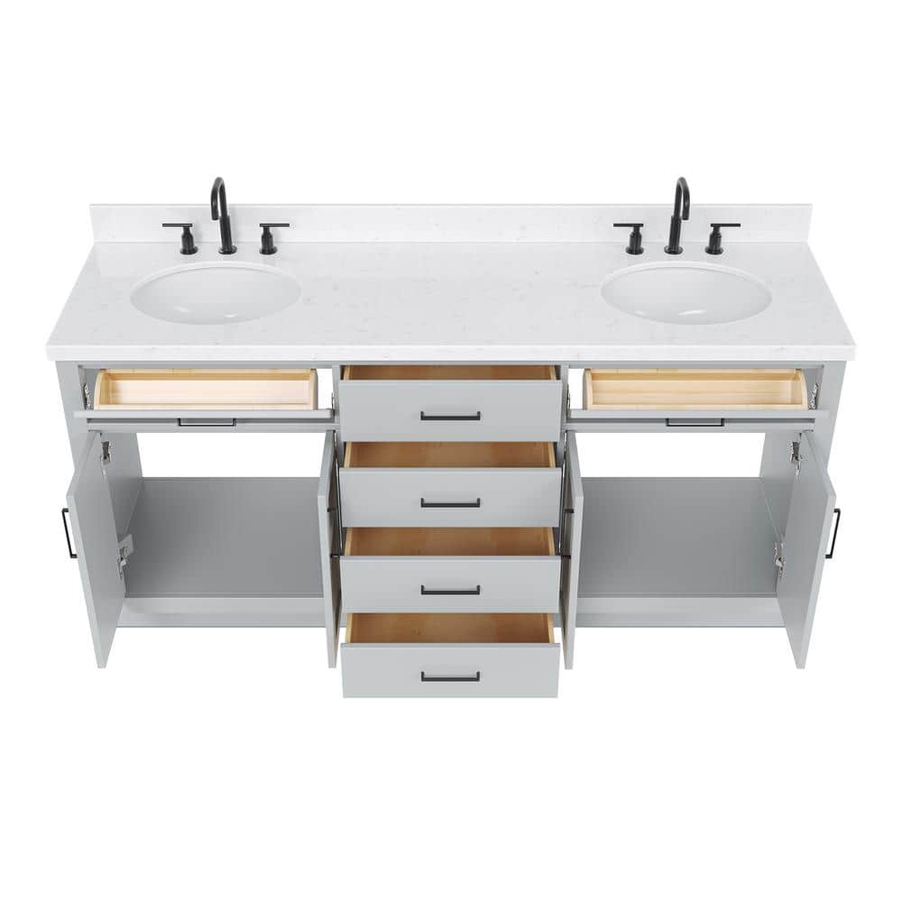 Gray Double Bathroom Vanity with Quartz Top and Storage