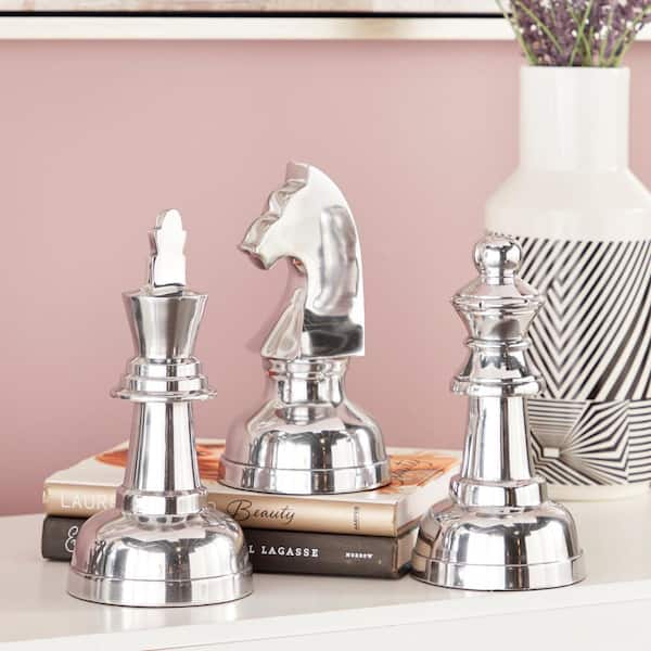 CosmoLiving by Cosmopolitan Silver Aluminum Chess Sculpture with Knight, Queen and King (Set of 3)