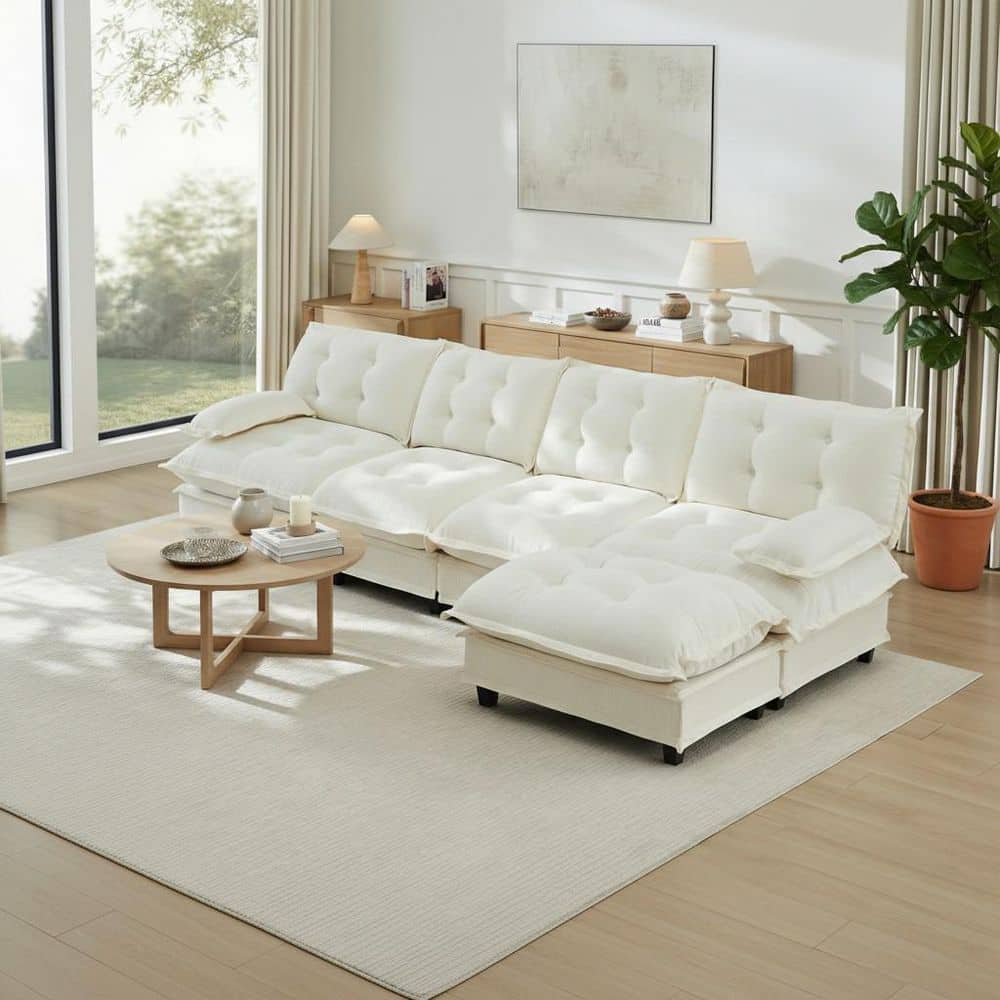 PREM Oversize Modular 138.5 in. Chenille Sectional Sofa Set in. Ivory White with Ottoman and Deep Seating, Easy Assembly price history on PriceWatchPro