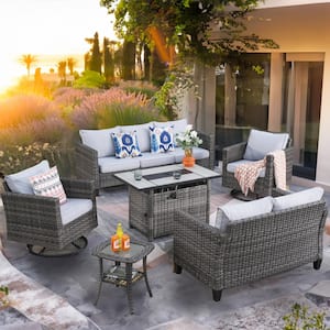 Mirage 6-Piece Wicker Patio Rectangular Fire Pit Set and with Gray Cushions and Swivel Rocking Chairs