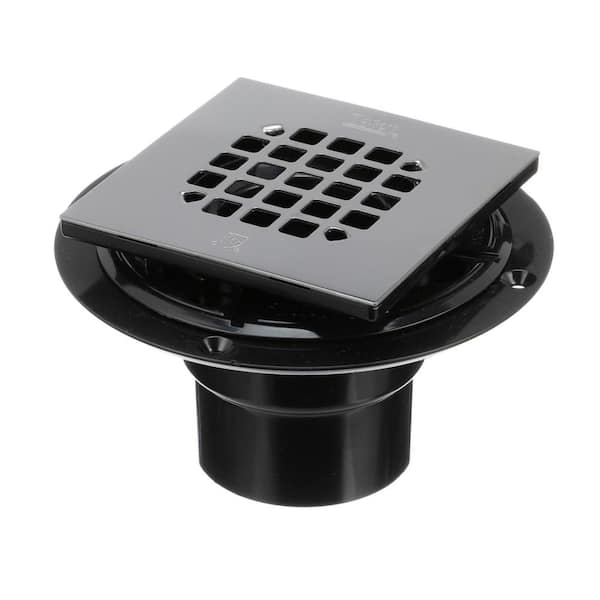 Oatey Round Black ABS Shower Drain with 4-1/2 in. Square Snap-In Stainless Steel Drain Cover