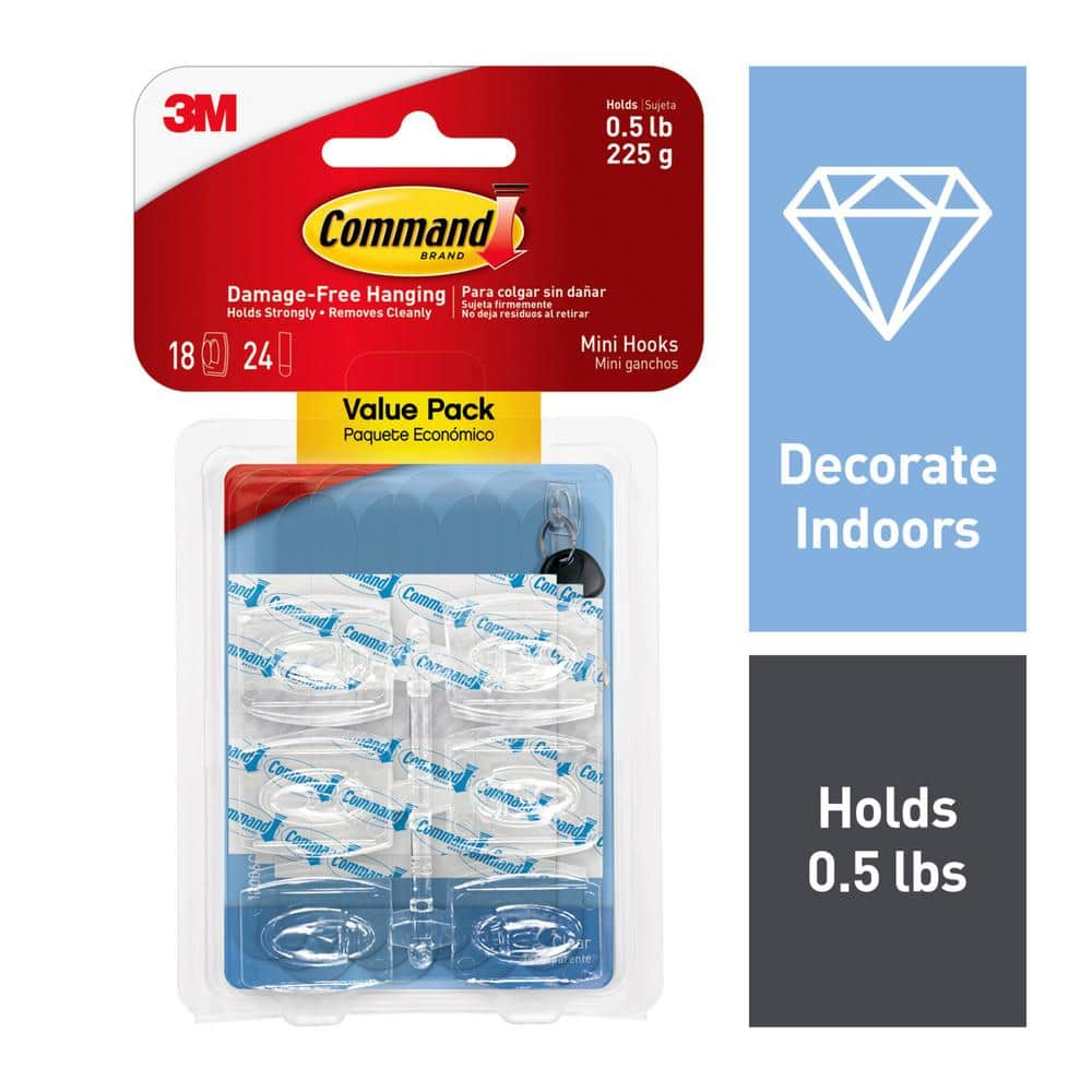 Command 1/2 lb. Mini Clear Hook Value Pack (18 Hooks, 24 Strips)  17006CLR-VP - The Home Depot