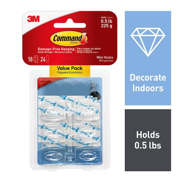 Command Mini Wall Hooks, Clear, Damage Free Decorating, 18 Hooks