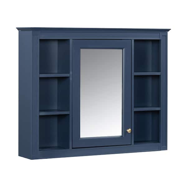 35 in. W x 27.5 in. H Blue Rectangular Wood Medicine Cabinet with Mirror and 6-Open Shelves