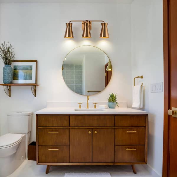21.65 in. 3-Light Brass Dimmable Bathroom Wall Sconce over Mirror Vanity Light with Cone Metal Shades
