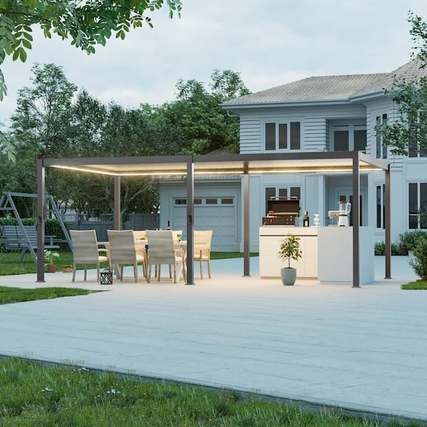 12 ft. x 20 ft. Modern Metal Louvered Pergola LED Lights Outdoor Pergola with Adjustable Roof, Charcoal Gray