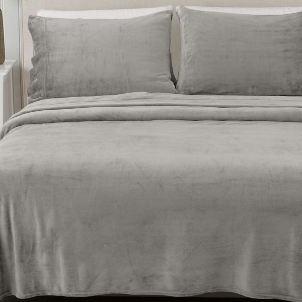 Grey Ultra Soft Solid Color Velvet Plush Polyester Queen Bed Sheet Set