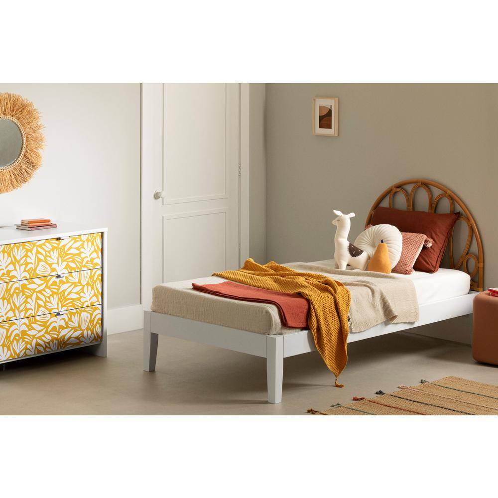 Twin Poplar Wood Platform Bed with Rattan Headboard and Drawer