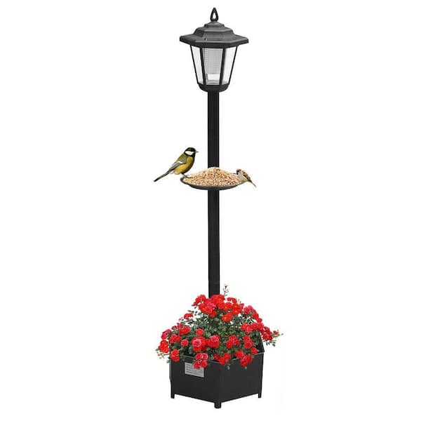 2-Pack 37.4" Solar Floor Lamps with Planter and Bird Feeder, Solar Lanterns Outdoor Waterproof