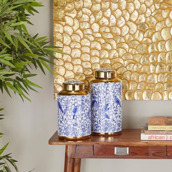 Blue Ceramic Floral Decorative Jars with Gold Accents (Set of 2)