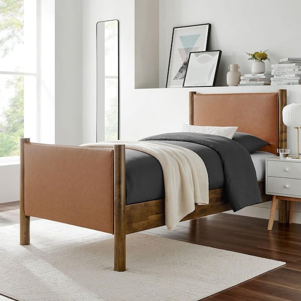 Maven Brown Wood Frame Twin Platform Bed with Faux Leather Upholstered Headboard and Footboard