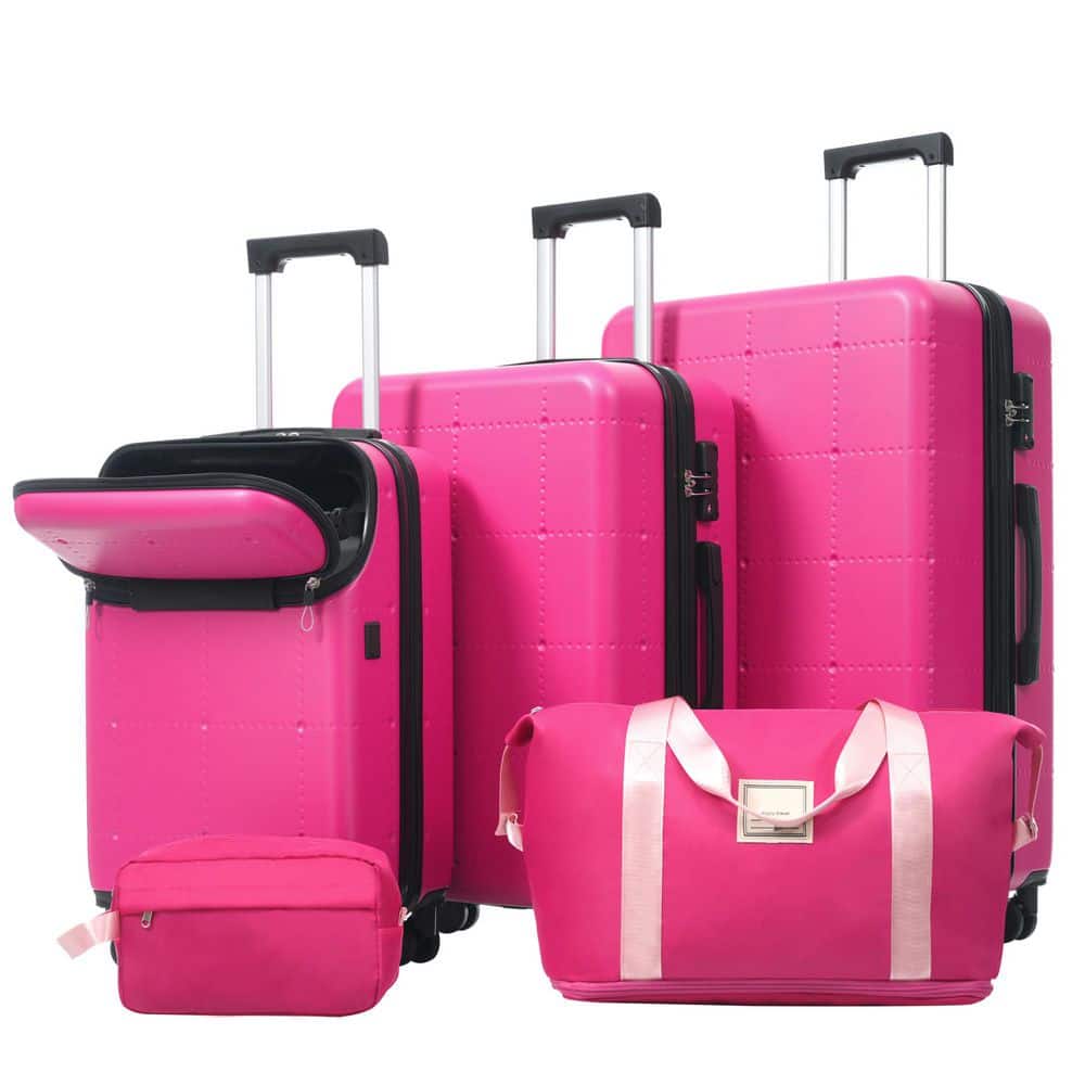 Polibi 5-Piece Pink ABS Hardside Luggage Set with Bags, USB Port