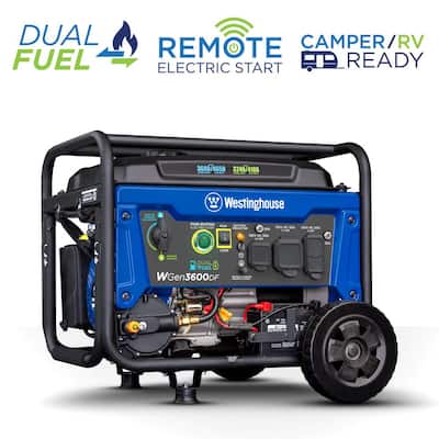 WGen3600DF 4,650/3,600 Watt Dual Fuel Gas or Propane Powered RV-Ready Portable Generator with Remote Start and Wheel Kit