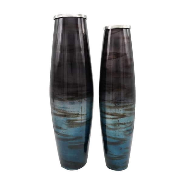 Set of Two Black And Blue Abstract Glass Cylinder Floor Vases
