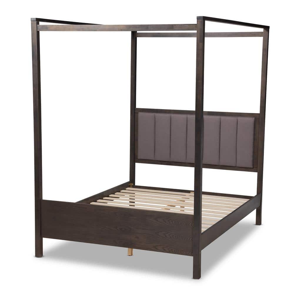 Natasha King Size Dark Grey Oak and Grey Fabric Tufted Platform Canopy Bed
