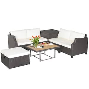 7-Piece Plastic PE Rattan Patio Outdoor Sectional Set with Off White Cushion