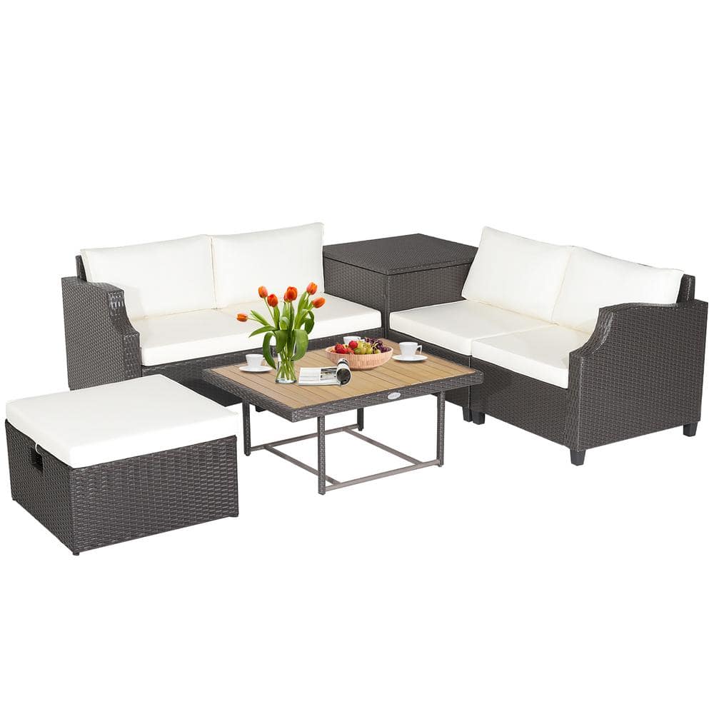 7-Piece Plastic PE Rattan Patio Outdoor Sectional Set with Off White Cushion -  Costway, HW70679WH+