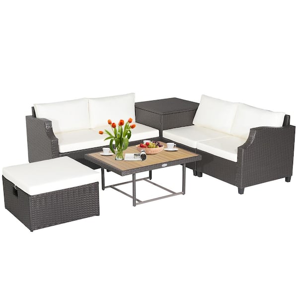 Costway 7-Piece Plastic PE Rattan Patio Outdoor Sectional Set with Off White Cushion