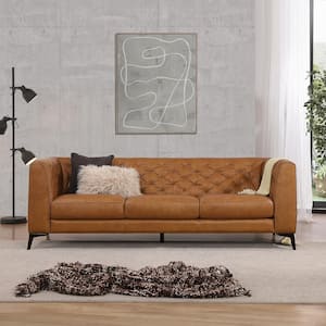 Flore 90 in. W Square Arm Mid Century Modern Genuine Leather Sofa in Brown Cognac Tan