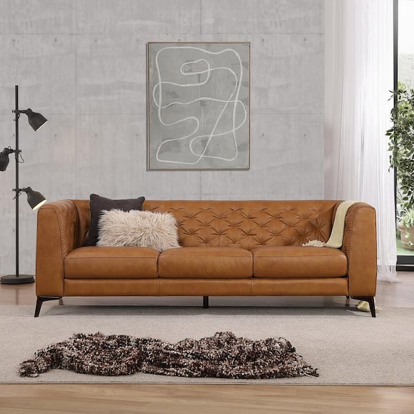 Ashcroft Furniture Co Flore 90 in. W Square Arm Mid Century Modern Genuine Leather Sofa in Brown Cognac Tan