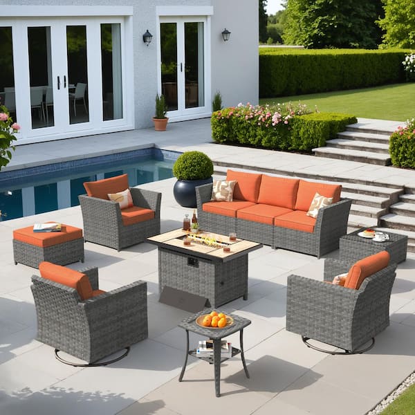 OVIOS Bexley Gray 10-Piece Wicker Rectangle Fire Pit Patio Conversation Set with Orange Red Cushions and Swivel Chairs