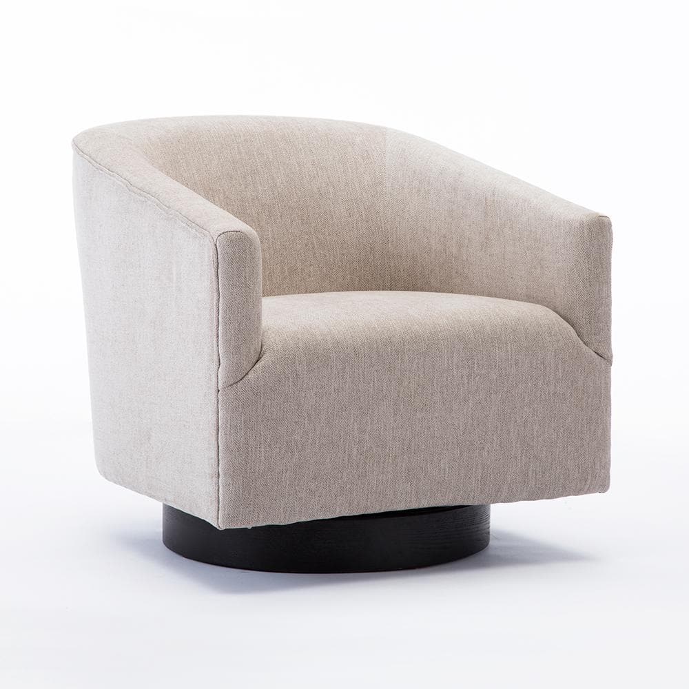 Donovan Oatmeal Fabric and Black Wood Swivel Barrel Chair