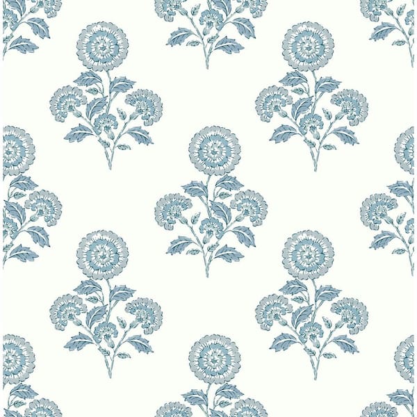 SOCIETY SOCIAL Blue on Blue Flourish Block Print Peel and Stick Wallpaper Sample