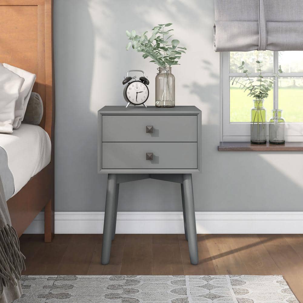 Gray Mid-Century Modern 2-Drawer Rubberwood Nightstand