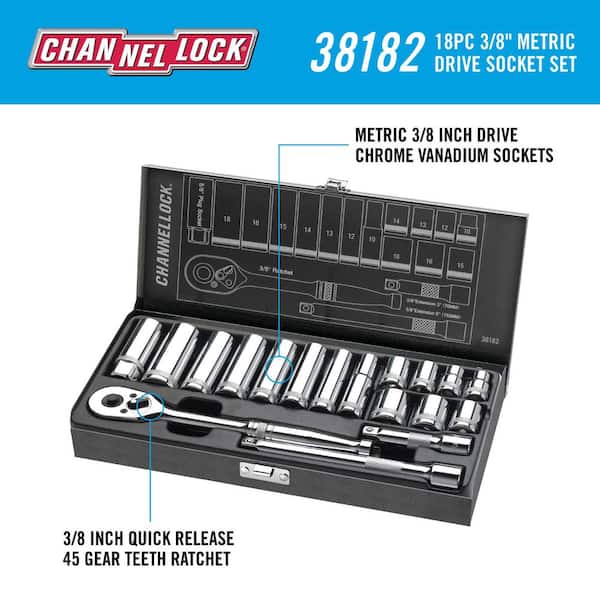 Channellock 3/8 in. Drive Metric Socket Set (18-Piece) 38182 - The
