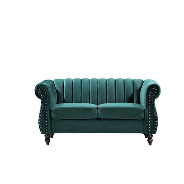 US Pride Furniture Louis 59.1 in. Green Channel Tufted Velvet 2-Seats Loveseat with Nailheads