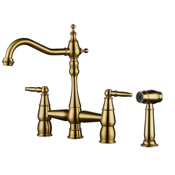 4 Hole Double Handle Bridge Kitchen Faucet with Side Sprayer Deck Mount in Gold