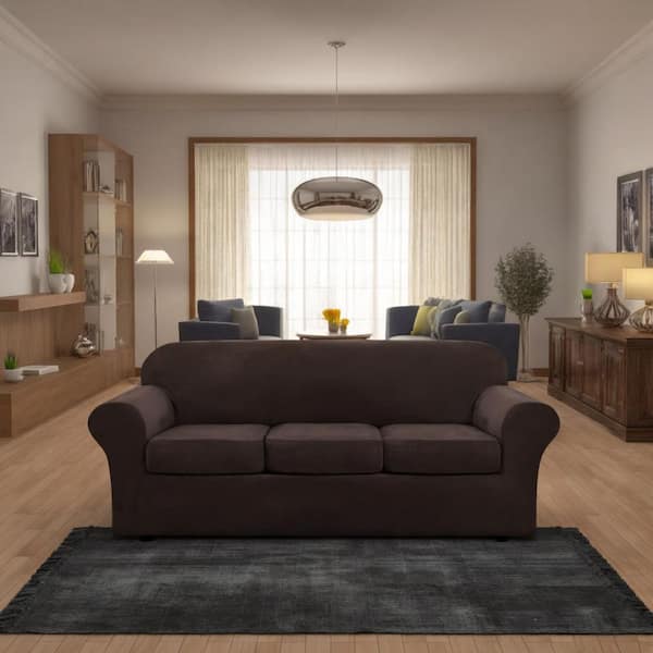 Brown 4-Piece Thick Velvet Sofa Covers, High Stretch Slipcovers, Furniture Protector, Couch Covers for 3 Cushion Sofa