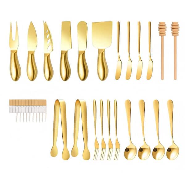Gold Stainless Steel Cheese Knife Set, Charcuterie Board Accessories with Tongs, Spoons, Forks, Markers and Honey Dipper